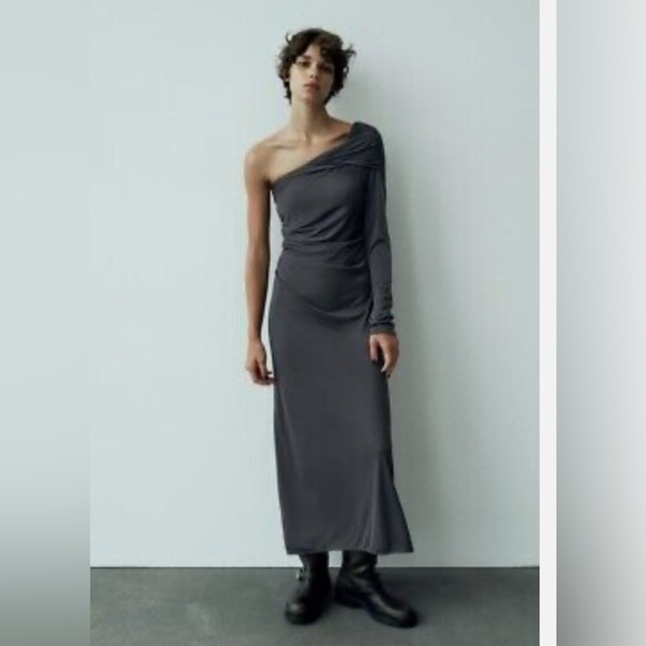 ZARA NWT DRAPED ASYMMETRICAL DRESS SIZE XS | ANTHRACITE GRAY - Picture 1 of 9